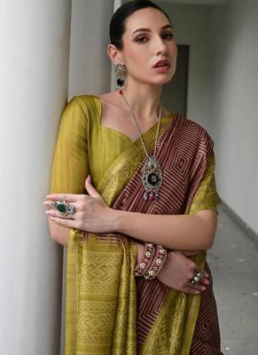 Brown color tussar silk blend ikkat printed saree 4