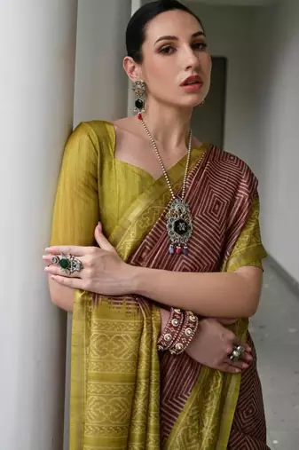 Brown color tussar silk blend ikkat printed saree