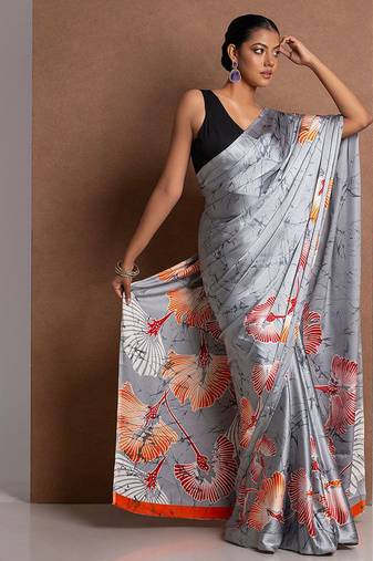 Grey original japan devsena satin saree japan satin digital print blouse