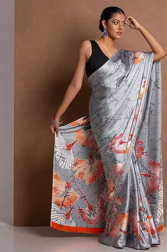 Grey original japan devsena satin saree japan satin digital print blouse