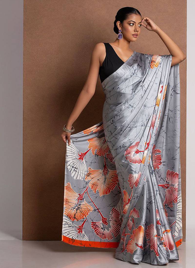 Grey original japan devsena satin saree japan satin digital print blouse