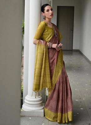 Brown color tussar silk blend ikkat printed saree 5