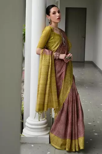 Brown color tussar silk blend ikkat printed saree