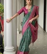 Green color tussar silk ikkat printed saree