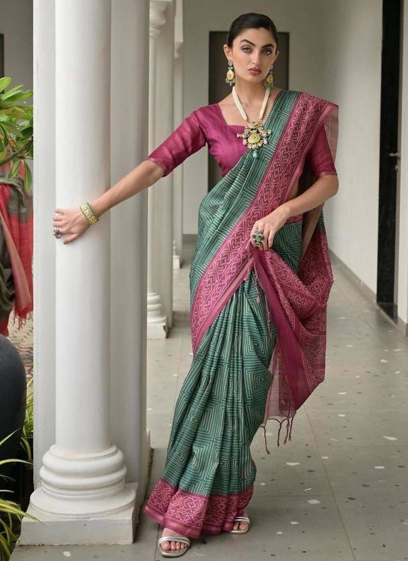 Green color tussar silk ikkat printed saree