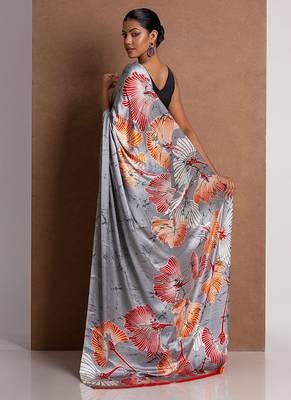 Grey original japan satin saree with digital print blouse 2
