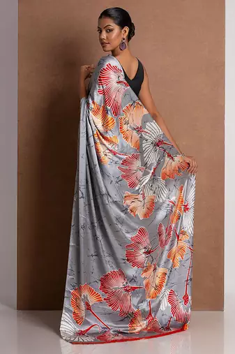 Grey original japan satin saree with digital print blouse