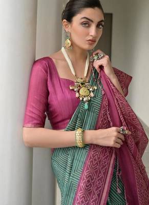 Green color tussar silk blend ikkat printed saree 2