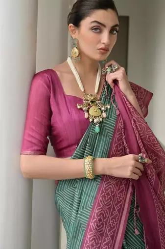 Green color tussar silk blend ikkat printed saree