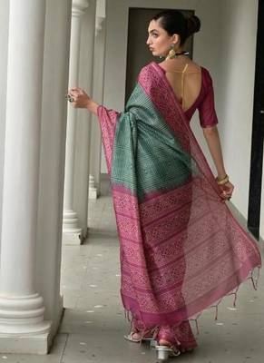 Green color tussar silk blend ikkat printed saree 3