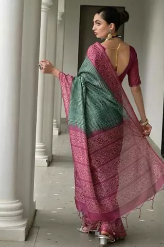 Green color tussar silk blend ikkat printed saree