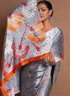 Grey original japan satin saree with digital print blouse 3