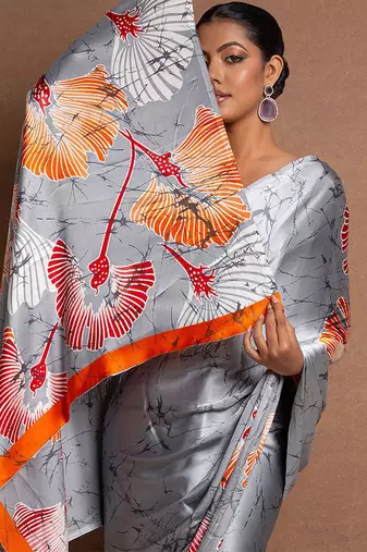 Grey original japan satin saree with digital print blouse