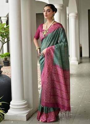 Green color tussar silk blend ikkat printed saree 4