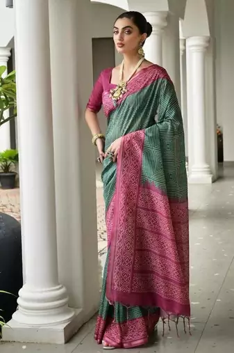 Green color tussar silk blend ikkat printed saree