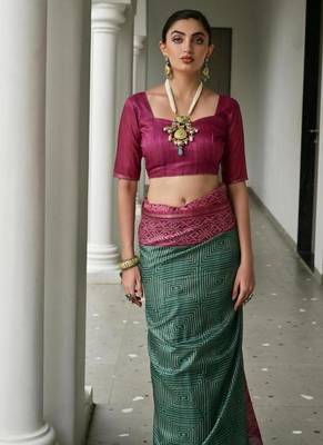 Green color tussar silk blend ikkat printed saree 5