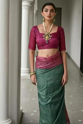 Green color tussar silk blend ikkat printed saree