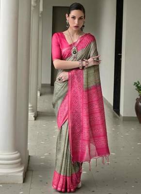 green color tussar silk blend ikkat printed saree 1