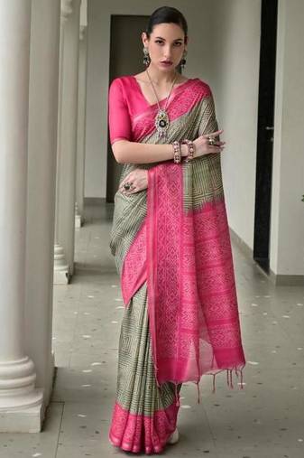 green color tussar silk ikkat printed saree