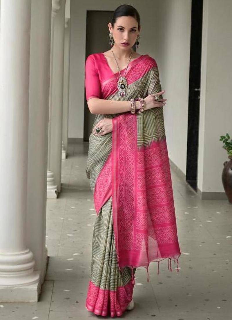 green color tussar silk ikkat printed saree