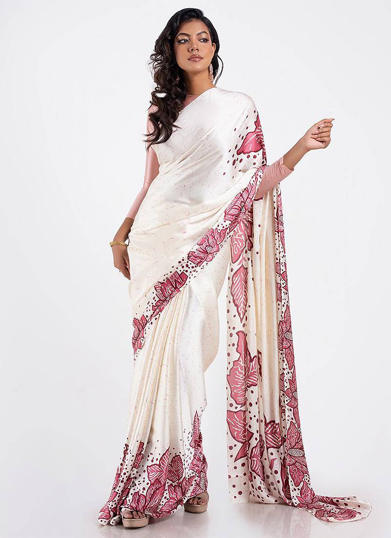 White original japan devsena satin saree japan satin digital print blouse
