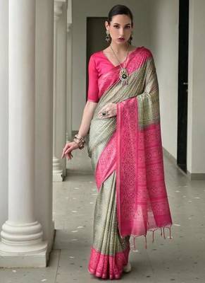 green color tussar silk blend ikkat printed saree 2