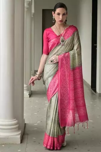 green color tussar silk blend ikkat printed saree