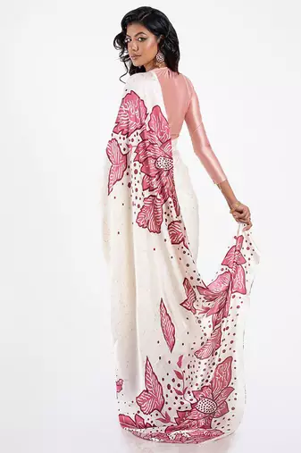White original japan satin saree with digital print blouse