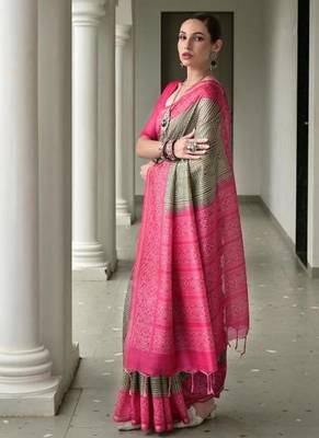 green color tussar silk blend ikkat printed saree 3