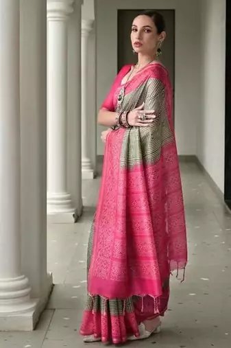 green color tussar silk blend ikkat printed saree