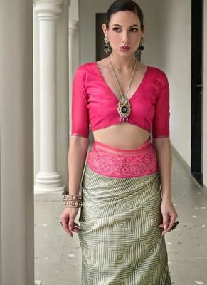 green color tussar silk blend ikkat printed saree 4