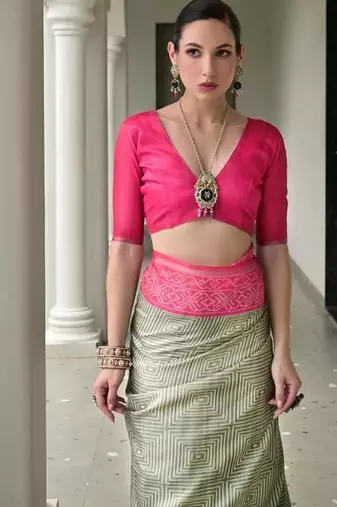 green color tussar silk blend ikkat printed saree