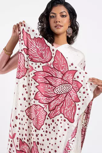 White original japan satin saree with digital print blouse
