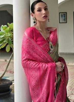 green color tussar silk blend ikkat printed saree 5