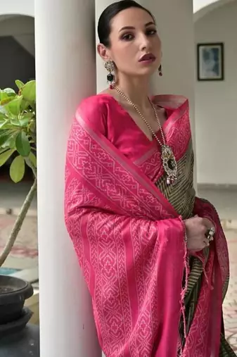 green color tussar silk blend ikkat printed saree