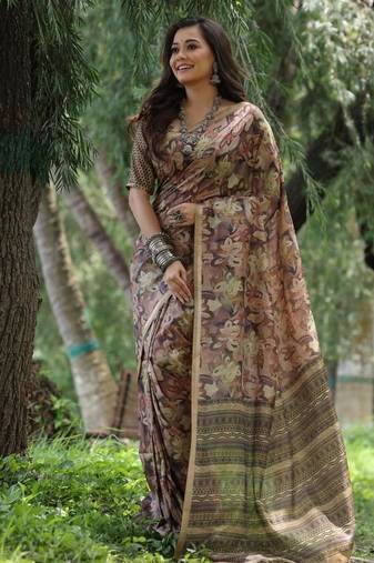 Multi color tussar silk unique print zari weaving border saree