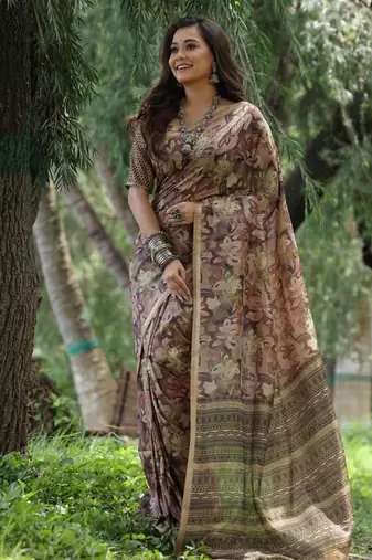 Multi color tussar silk unique print zari weaving border saree