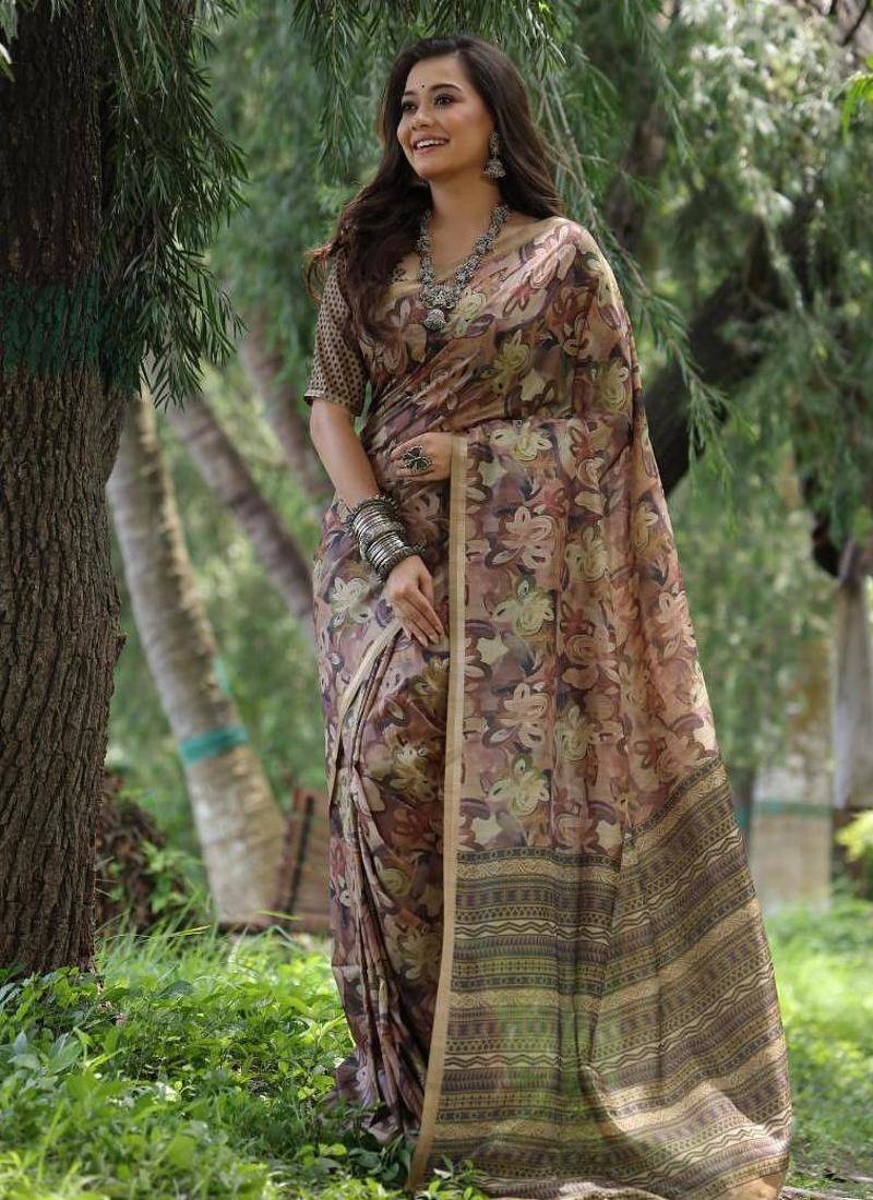 Multi color tussar silk unique print zari weaving border saree