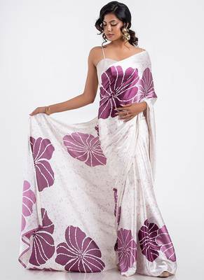 White original japan satin saree with digital print blouse 1