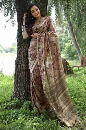 Multi color tussar silk blend unique print zari weaving border saree
