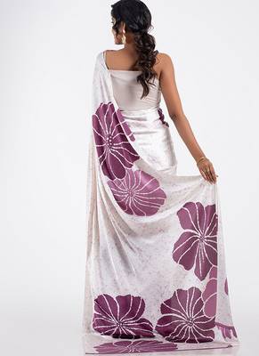 White original japan satin saree with digital print blouse 2