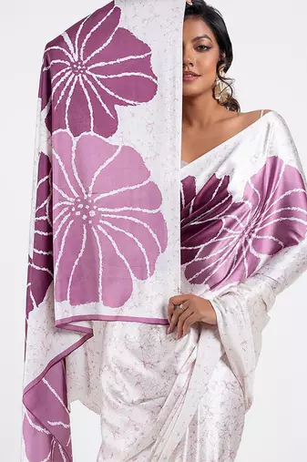 White original japan satin saree with digital print blouse