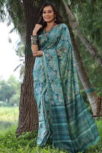 Sky blue color tussar silk unique print zari weaving border saree