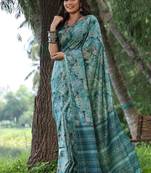Sky blue color tussar silk blend unique print zari weaving border saree