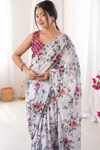 white silk blend digital printed saree with swarovski diamond work & blouse piece