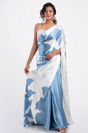 Aqua blue original japan devsena satin saree japan satin digital print blouse