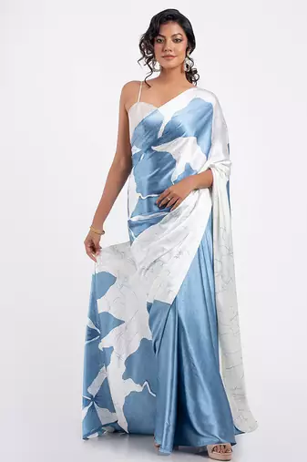 Aqua blue original japan satin saree with digital print blouse