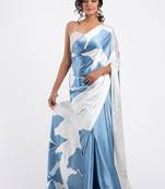 Aqua blue original japan devsena satin saree japan satin digital print blouse