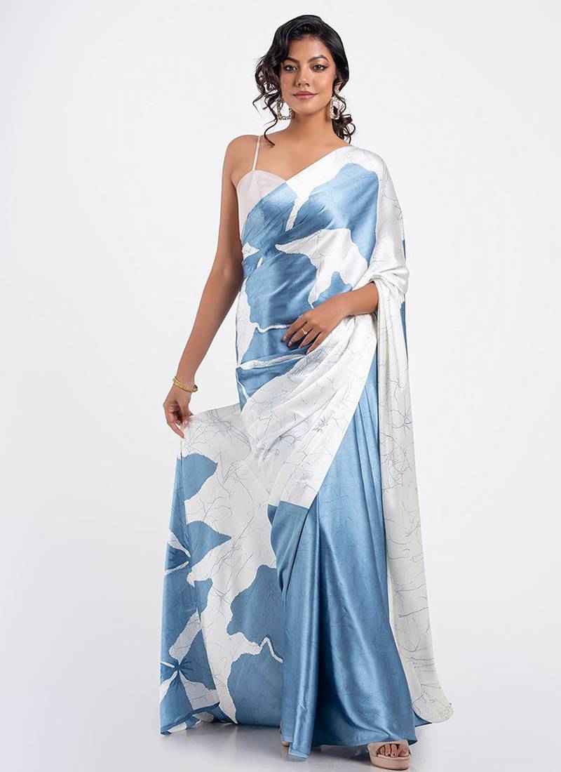 Aqua blue original japan devsena satin saree japan satin digital print blouse
