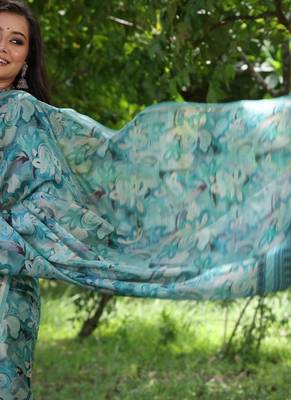 Sky blue color tussar silk blend unique print zari weaving border saree 2